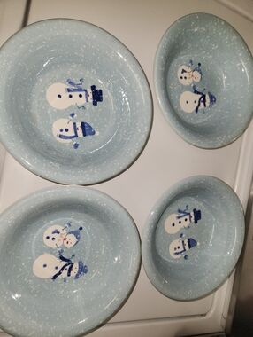 Blue Snowman Ceramic Bowls - Set of 4